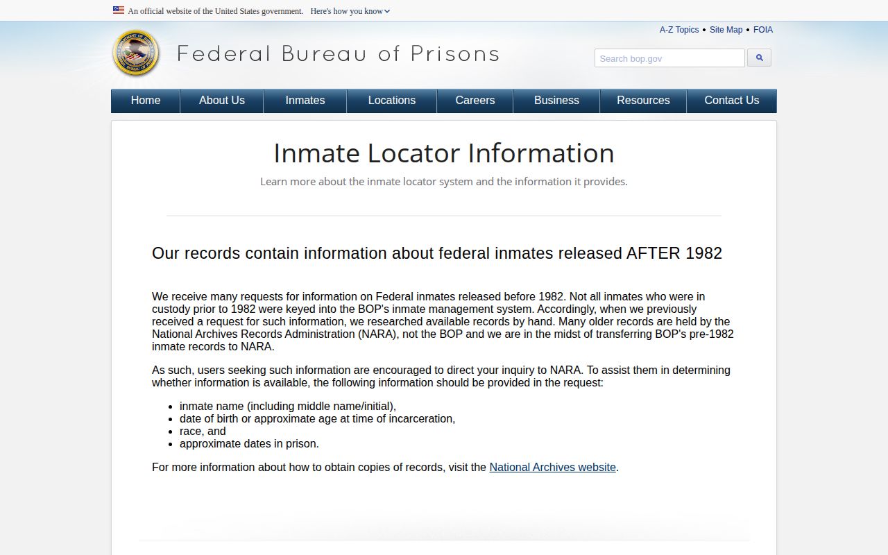 Federal Bureau of Prisons inmate locator record definitions