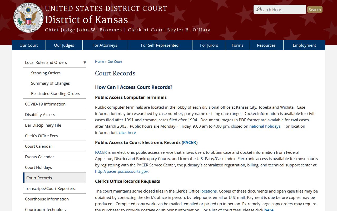 United States District Court for Kansas court records access page